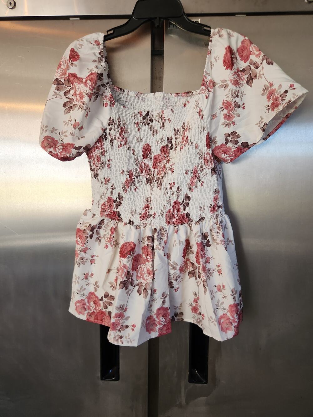 SHEIN Womens Smocked Peplum Top XL | Pink Floral Puff Sleeve Square Neck